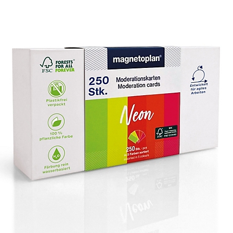 Verpackung mit 250 neonfarbenen Magnetoplan Moderationskarten auf weißem Hintergrund.