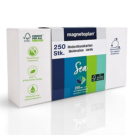 Eine Packung mit 250 Moderationskarten von magnetoplan im Design Sea, vor weißem Hintergrund.