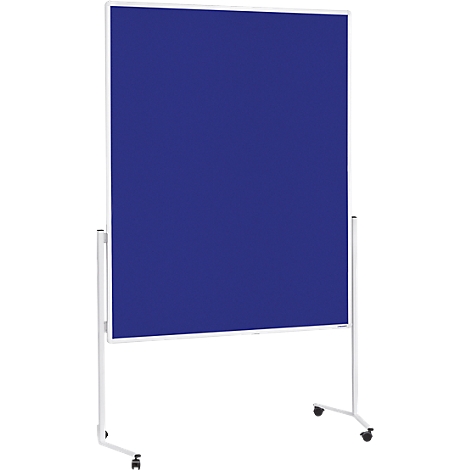 Blauw presentatiebord op een wit frame, op een standaard met wielen.