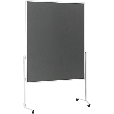 Gray partition on a white frame with castors. Rectangular shape. Standing on a light floor.