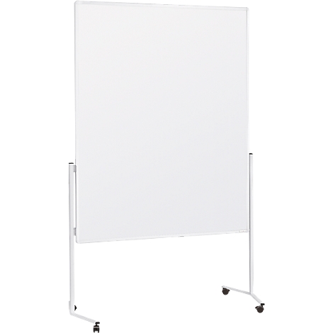 White, freestanding whiteboard on wheels. Metal frame, large writing surface.