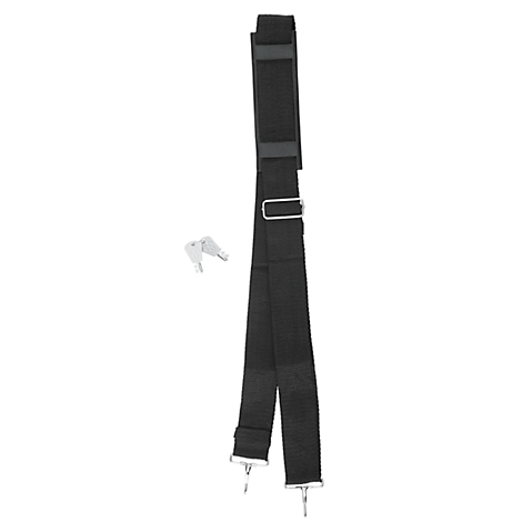 Black tie-down strap with metal hooks and two keys.