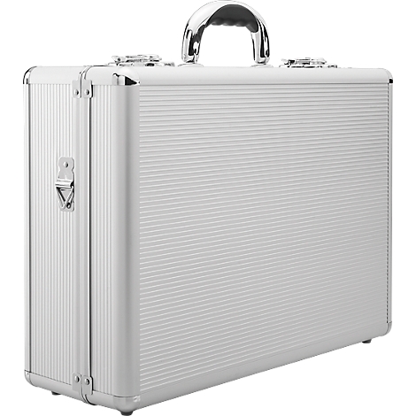 Silver suitcase with ridged surface, handle and metal fittings.