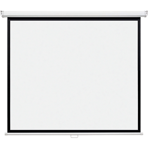 Weiße Projektionsleinwand mit schwarzem Rand und Gehäuse vor neutralem Hintergrund.
