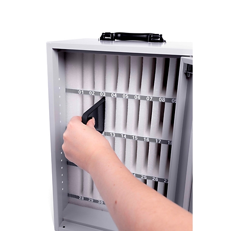 Magnetoplan Smartphone-Aufbewahrungsbox, für bis zu 36 Mobiltelefone, abschließbar, Tragegriff, B 295 x T 205 x H 445 mm, Stahl lackiert, grau