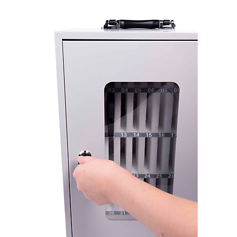 Magnetoplan Smartphone-Aufbewahrungsbox, für bis zu 36 Mobiltelefone, abschließbar, Tragegriff, B 295 x T 205 x H 445 mm, Stahl lackiert, grau
