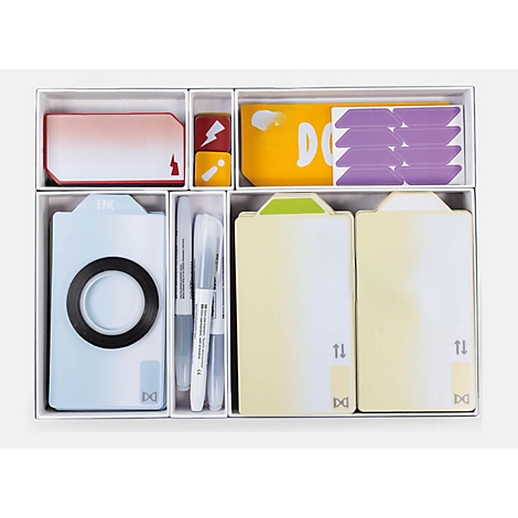 Organisatieset van Magnetoplan met beschrijfbare, magnetische kaarten, stiften en symbolen in een opbergdoos.