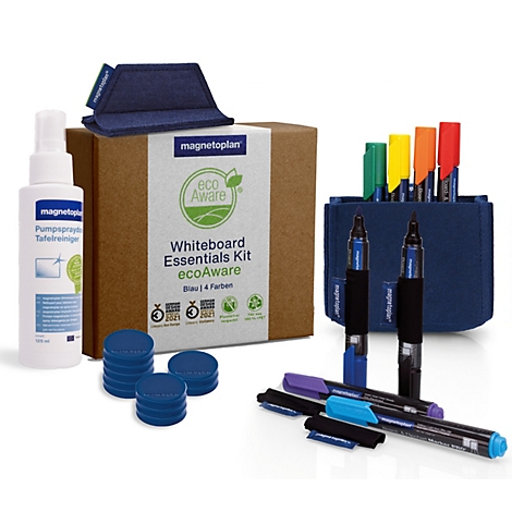 Magnetoplan Whiteboard-Reinigungsset mit Sprühflasche, Markern, Magneten und Filz-Etui in brauner Box.