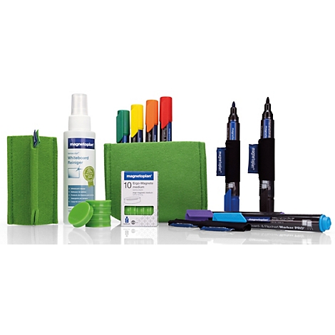 Magnetoplan accessoireset voor agile werken: markers, reiniger, magneten en houders op een witte achtergrond.