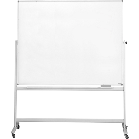Wit, vrijstaand whiteboard op een zilveren frame met wielen. Onderaan zit een sponsenhouder met een spons.