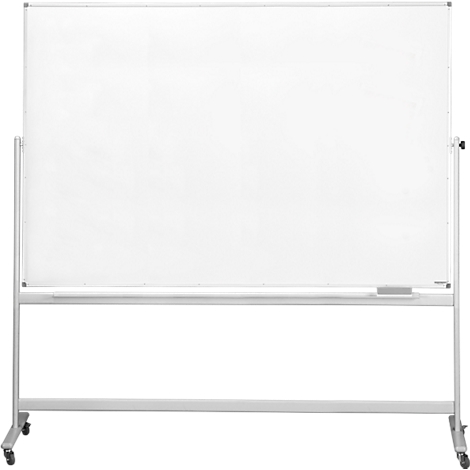 Wit, vrijstaand whiteboard met zilveren frame, gemonteerd op een zilveren frame met wielen.