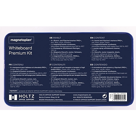Rückseite der magnetoplan Whiteboard Premium Kit Verpackung mit Inhaltsangaben in fünf Sprachen.