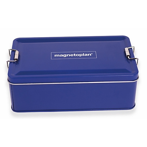 Blaue, rechteckige Metallbox mit Magnetoplan-Logo und zwei Metallverschlüssen vor neutralem Hintergrund.
