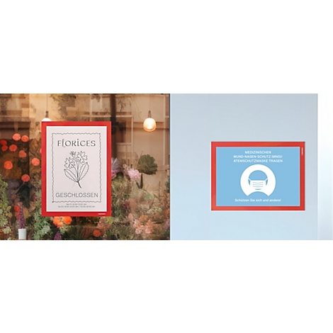 Drei Anwendungsbeispiele für rote magnetische Plakatrahmen an Glas, Wand und Kühlschrank.