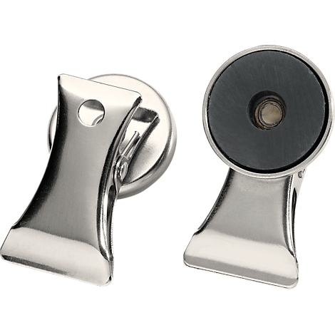 Two silver metal clips, with magnets on the back, the front is shaped like a clip.