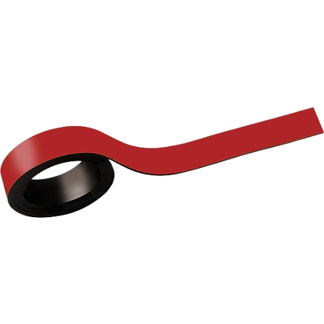 Ein aufgerolltes rotes Klebeband. Die Innenseite des Bandes ist schwarz.