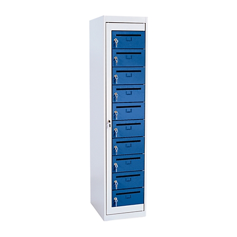 Cabinet with ten blue compartments, each with a key and handle.