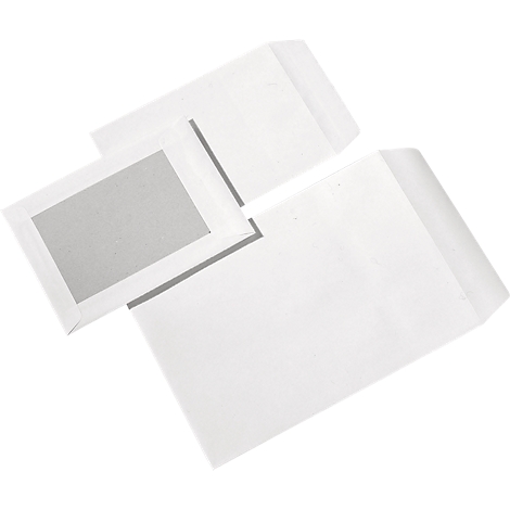 Three white envelopes, one with a viewing window, lie on a white background.