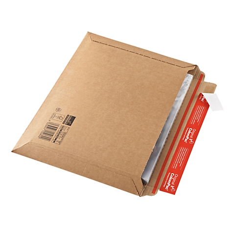 A brown shipping carton with red tape. Partially open, content visible.