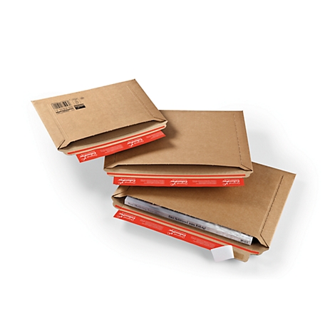 Three brown shipping envelopes with red tape, partially open. Text is visible on one.