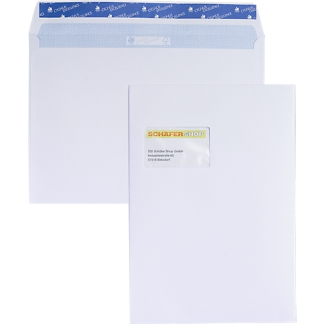 Two white envelopes, one half-open, with company logo and window for the address.