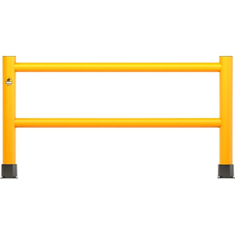 Barrière de sécurité jaune, à deux niveaux, debout, sur fond blanc.