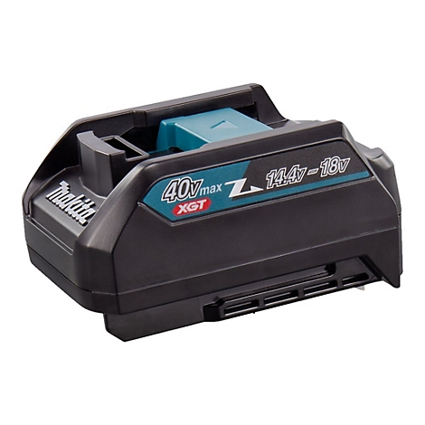 Schwarzer Makita Akku-Adapter mit türkisem Verschluss und Beschriftung für 40V max und 14,4V-18V.