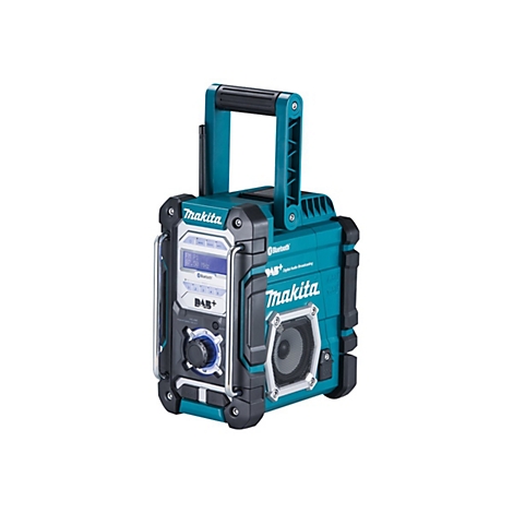 Blaues Makita Baustellenradio mit Tragegriff, LCD-Display, Lautsprecher und Bluetooth-Symbol.