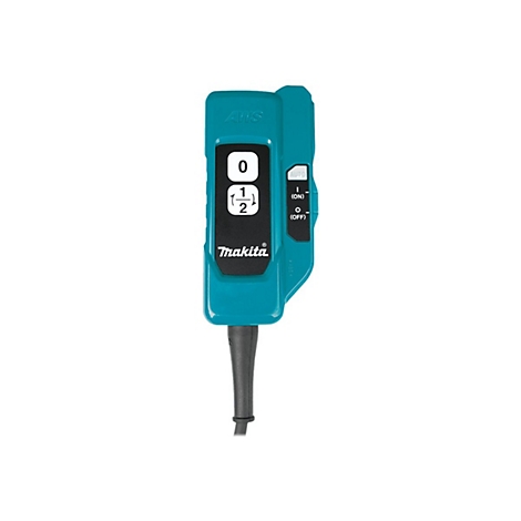 Türkisblaues Makita AWS-Modul mit weißem Bedienfeld, Symbolen und schwarzem Kabel vor weißem Hintergrund.