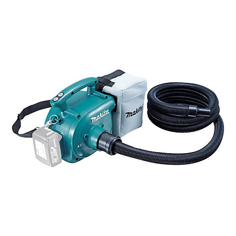Türkiser Makita Akku-Staubsauger mit schwarzem Schlauch und grauem Staubbeutel vor weißem Hintergrund.