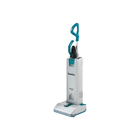 Makita Staubsauger mit weißem Gehäuse und türkisfarbenen Akzenten auf weißem Hintergrund.