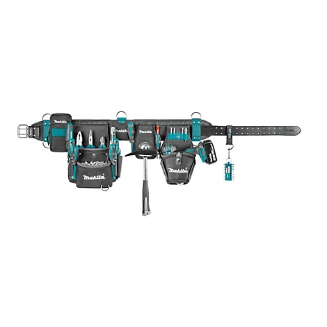 Makita Werkzeuggürtel mit verschiedenen Taschen, bestückt mit Zangen, Schraubendrehern, Hammer und Akkuschrauber.