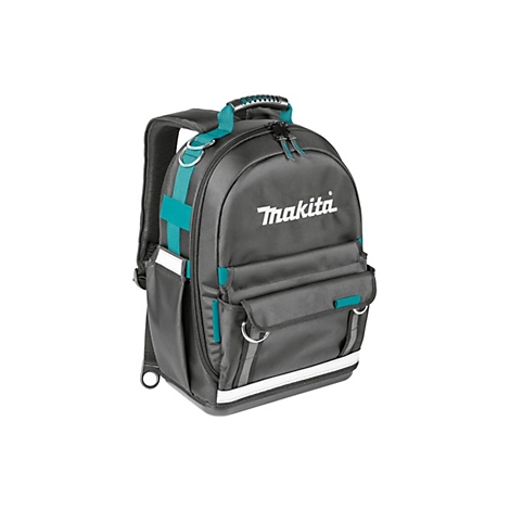 Schwarzer Makita Werkzeugrucksack mit türkisblauen Akzenten und weißem Logo auf neutralem Hintergrund.