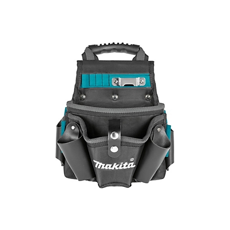 Schwarze Makita Werkzeugtasche mit türkisfarbenen Akzenten und mehreren Taschen vor weißem Hintergrund.