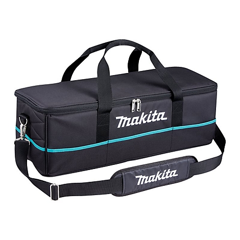 Schwarze Makita Werkzeugtasche mit blauem Zierstreifen, Tragegriffen und gepolstertem Schultergurt vor weißem Hintergrund.