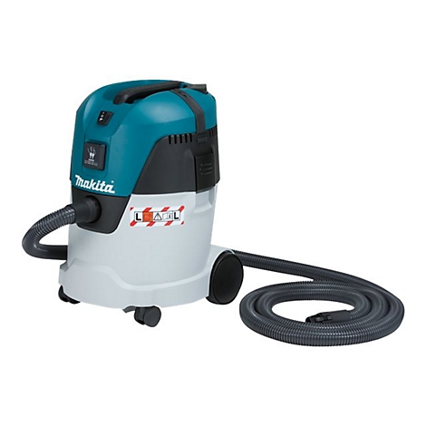 Blau-grauer Makita Industriestaubsauger mit Saugschlauch vor weißem Hintergrund.
