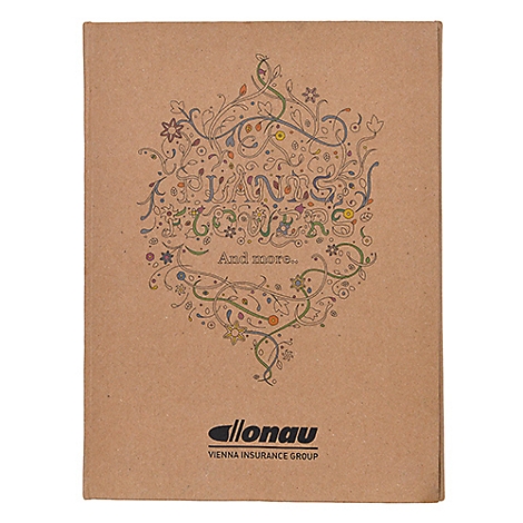 Notizbuch mit floralem Muster und Schriftzug 'Plants Flowers'. Darunter 'And more...' und Logo der Vienna Insurance Group.
