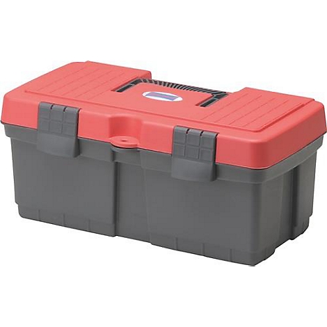 Boîte à outils grise et rouge avec couvercle, boucles et poignée.