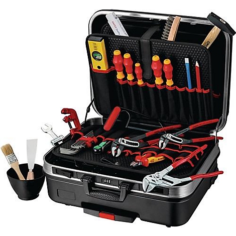 Mallette à outils avec couvercle ouvert, remplie de divers outils à main.