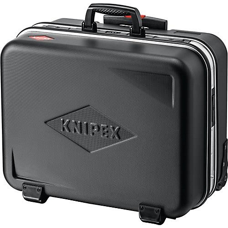 Mallette à outils noire avec une poignée. Le nom "KNIPEX" est visible sur le devant dans un motif en losange.