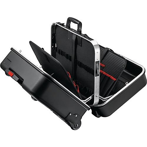 Boîte à outils noire avec roues et couvercle ouvert. Intérieur avec options de rangement et accents rouges.