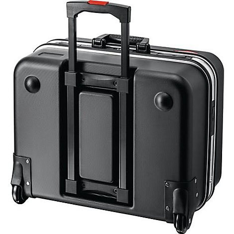 Valise trolley noire avec poignée extensible et accents rouges. Roues et support.