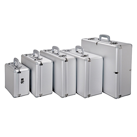Cinq valises en aluminium argenté de différentes tailles. Elles ont des poignées et des fermoirs argentés.