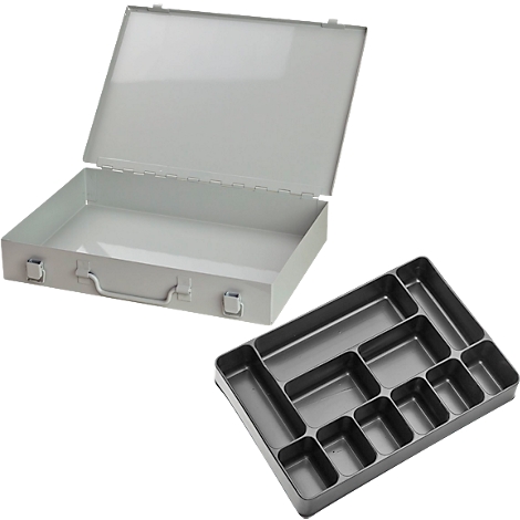 Boîte à outils grise ouverte avec un insert amovible et divisé.
