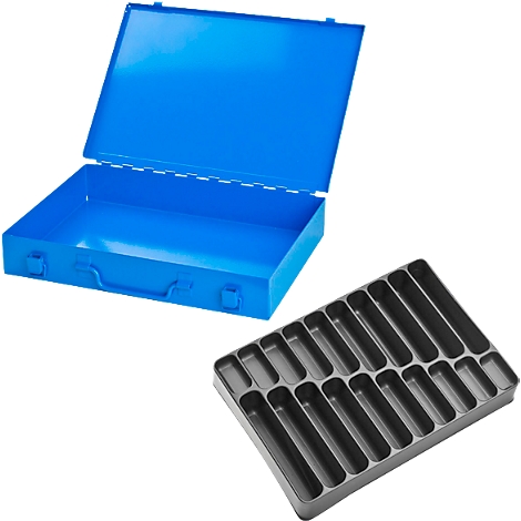 Boîte à outils bleue ouverte avec séparateurs intérieurs. Boîte de tri grise à côté.