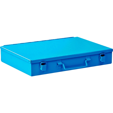 Boîte métallique bleu clair avec poignée et loquets.
