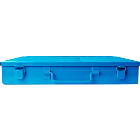 Boîte à outils bleue avec poignée et fermetures. Boîte en plastique fermée.
