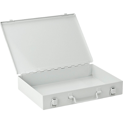 Boîte métallique blanche rectangulaire ouverte, avec poignée et fermetures.