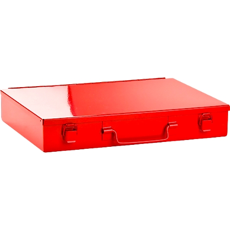 Valise en métal rouge avec poignée et fermoirs.
