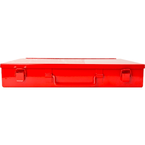 Boîte à outils rouge avec poignée et fermetures.